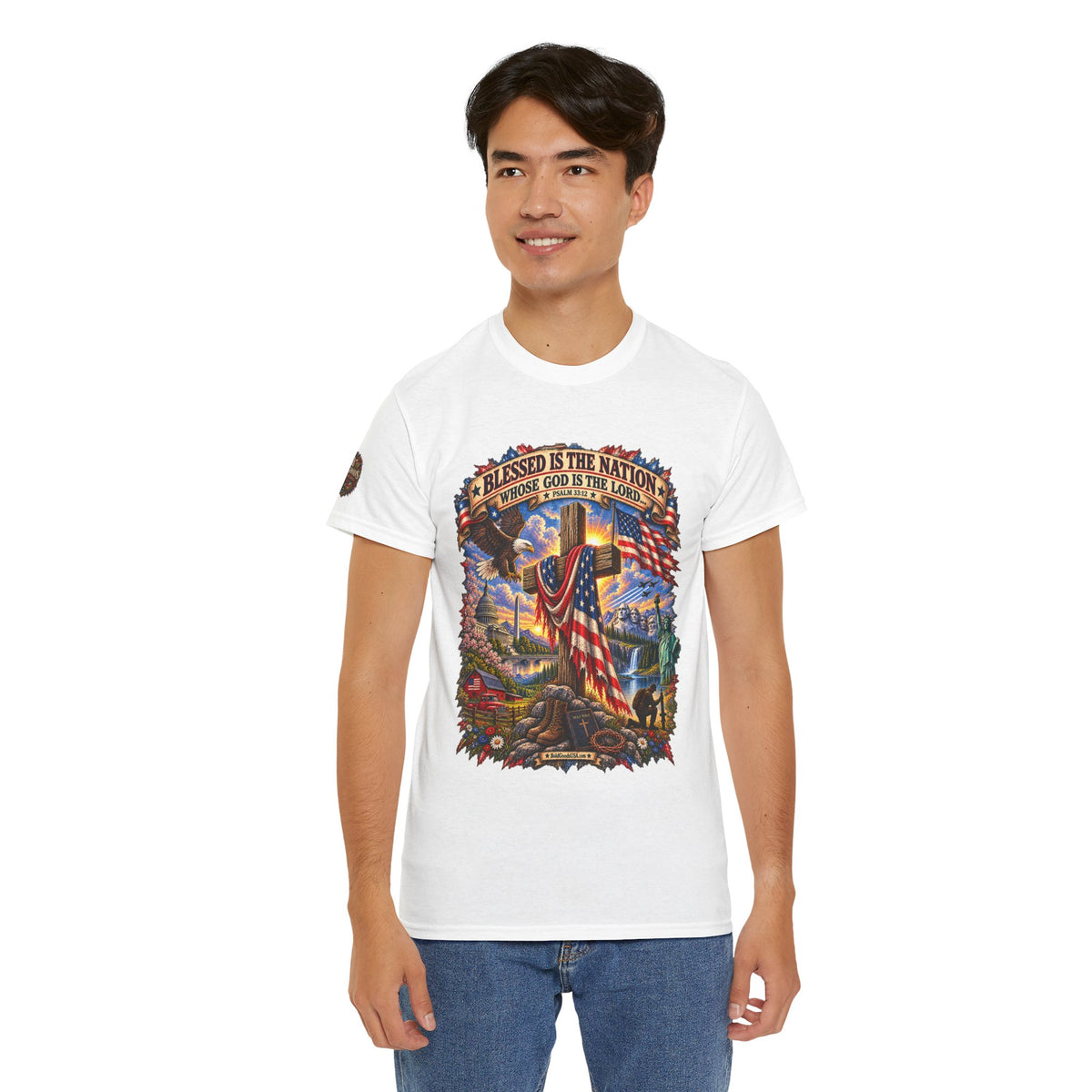 Blessed Is the Nation – Christian Patriotic Graphic T-Shirt | Front Print + Sleeve Logo