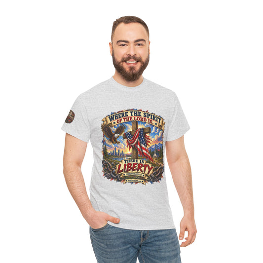 Where the Spirit of the Lord Is… There Is Liberty – Christian Patriotic Graphic T-Shirt | Front Print + Sleeve Logo