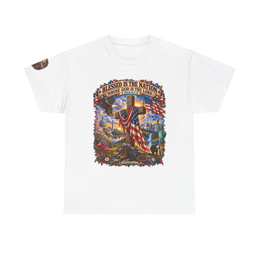 Blessed Is the Nation – Christian Patriotic Graphic T-Shirt | Front Print + Sleeve Logo