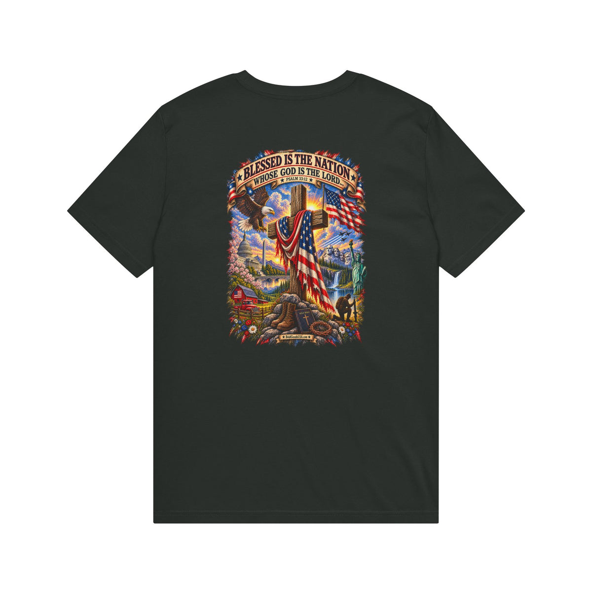 Blessed Is The Nation – Christian Patriotic Graphic T-Shirt | Back Print + Chest Logo