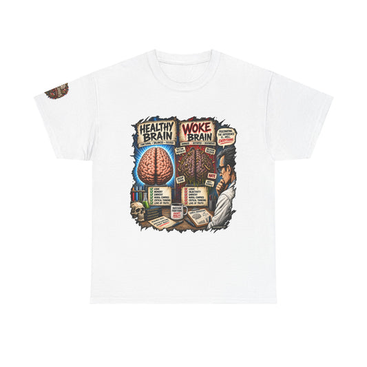 Woke Brain – Political Satire Graphic T-Shirt | Front Print + Sleeve Logo