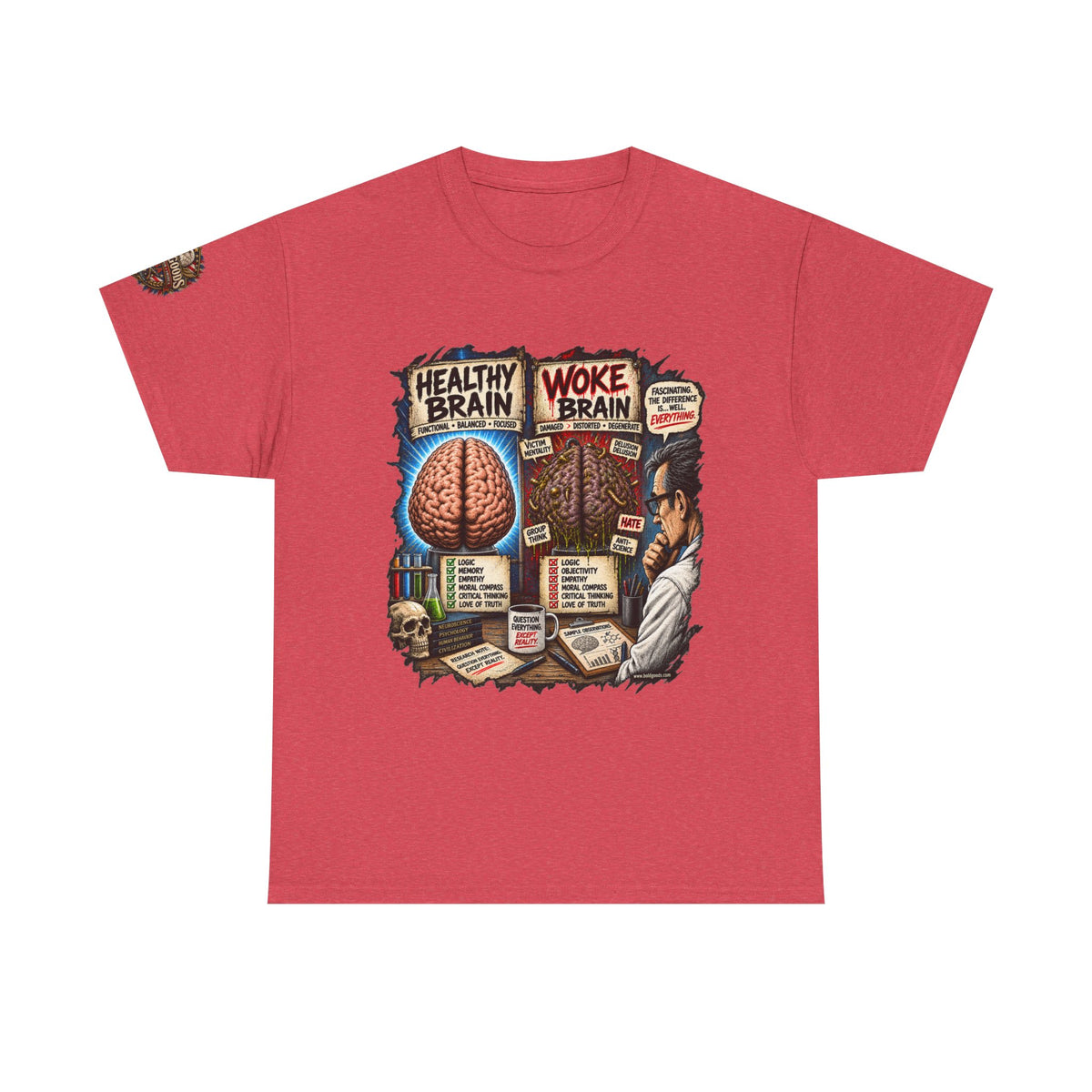 Woke Brain – Political Satire Graphic T-Shirt | Front Print + Sleeve Logo