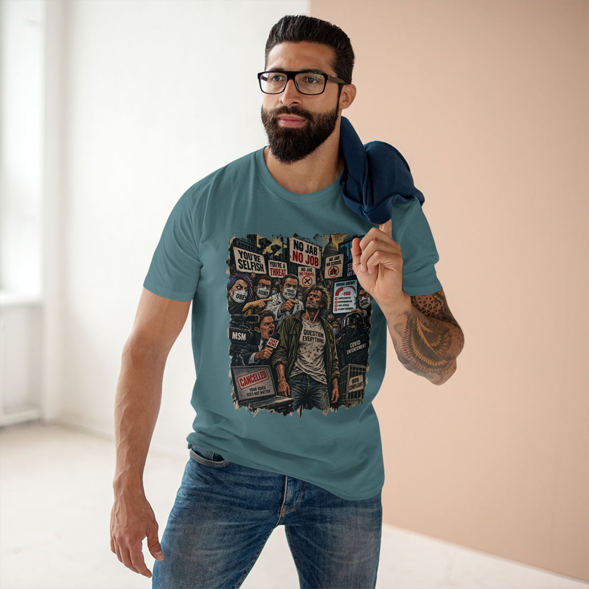 Question Everything – Political Satire Graphic T-Shirt | Front Print