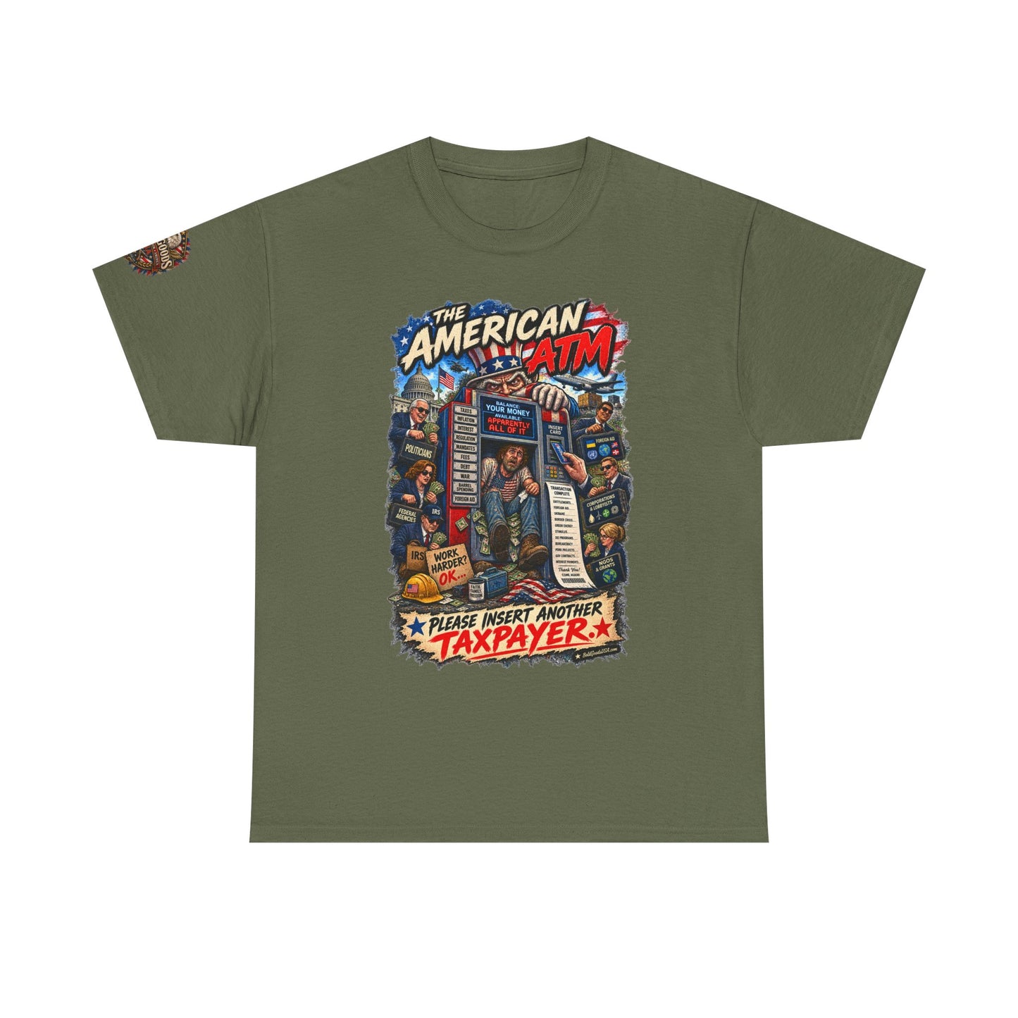 The American ATM - Political Satire Graphic T-Shirt | Front Print + Sleeve Logo