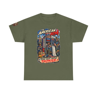 The American ATM - Political Satire Graphic T-Shirt | Front Print + Sleeve Logo