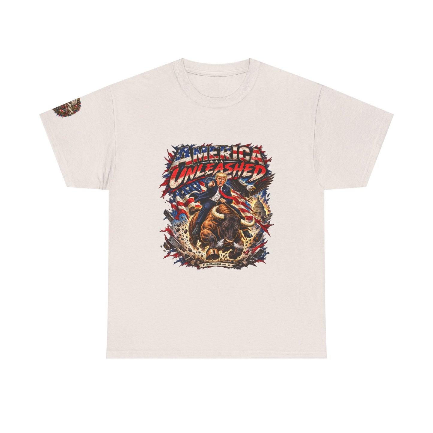 America Unleashed – Patriotic Graphic T-Shirt | Front Print + Sleeve Logo