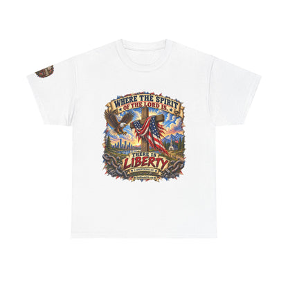 Where the Spirit of the Lord Is… There Is Liberty – Christian Patriotic Graphic T-Shirt | Front Print + Sleeve Logo
