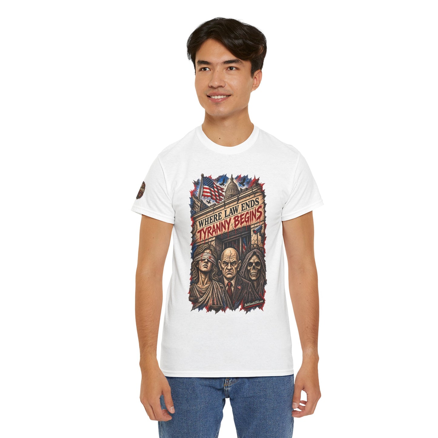 Where Law Ends, Tyranny Begins – Political Satire Graphic T-Shirt | Front Print + Sleeve Logo