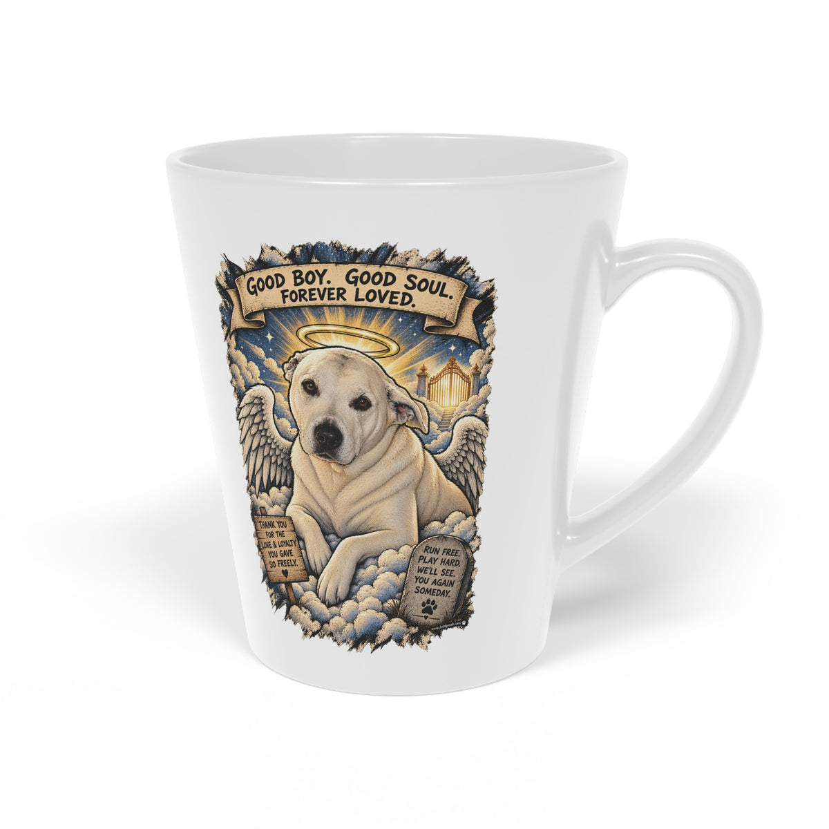 Latte Mug — 'Good Boy Forever' Memorial Dog Angel Coffee Cup, 12oz