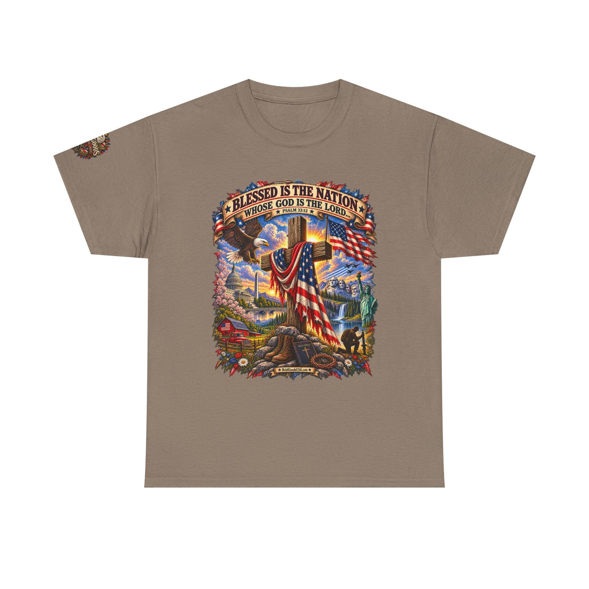 Blessed Is the Nation – Christian Patriotic Graphic T-Shirt | Front Print + Sleeve Logo