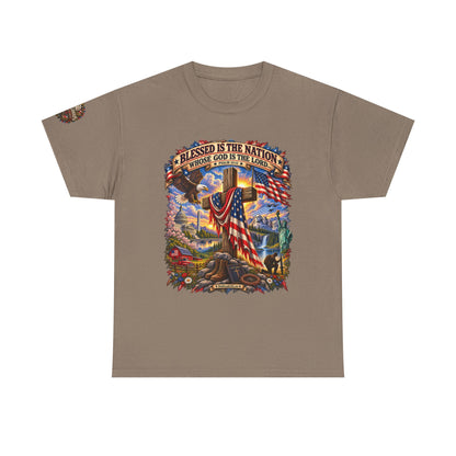 Blessed Is the Nation –  Graphic T-Shirt | Front Print + Sleeve Logo