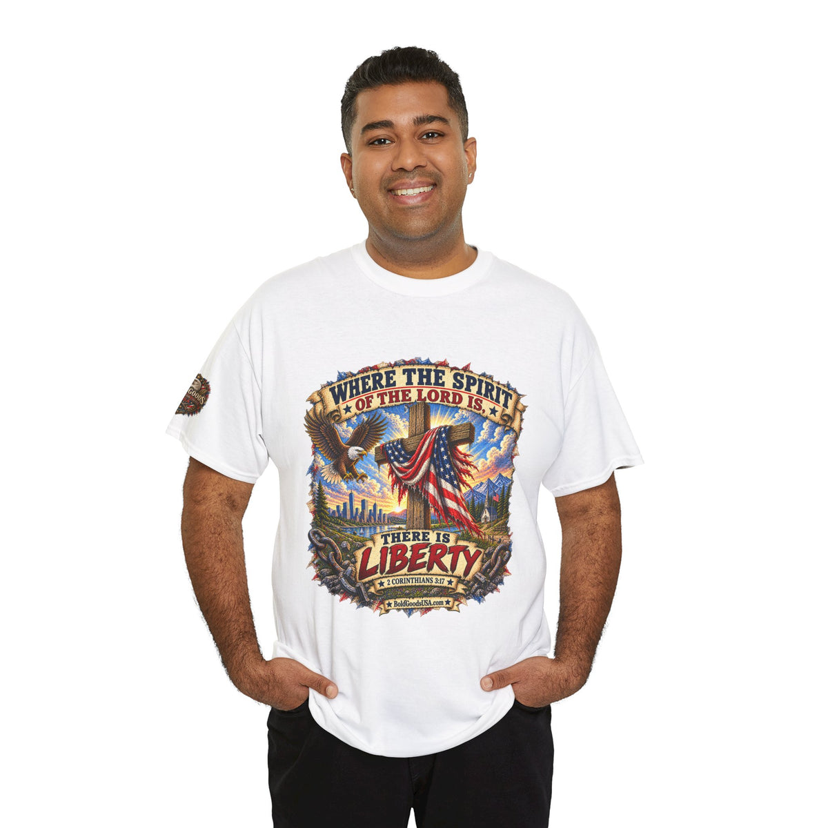 Where the Spirit of the Lord Is… There Is Liberty – Christian Patriotic Graphic T-Shirt | Front Print + Sleeve Logo