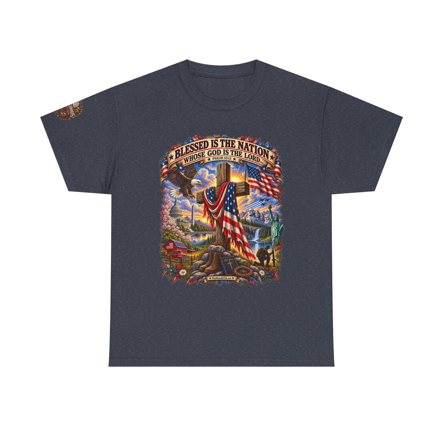 Blessed Is the Nation – Christian Patriotic Graphic T-Shirt | Front Print + Sleeve Logo