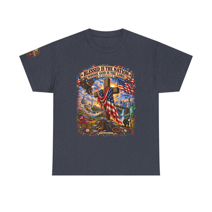 Blessed Is the Nation –  Graphic T-Shirt | Front Print + Sleeve Logo