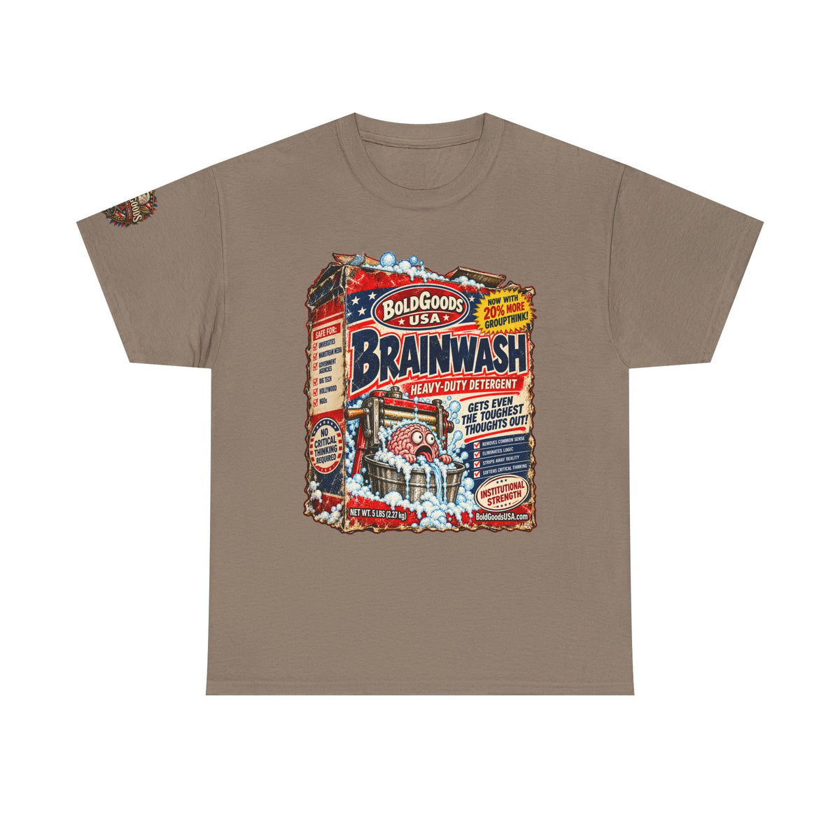 Brainwash Political Satire T-Shirt | Front Print + Sleeve Logo