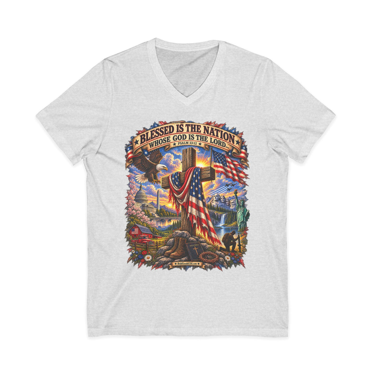 Blessed Is The Nation — Christian Patriotic V-Neck T-Shirt