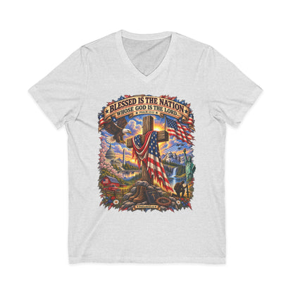 Blessed Is The Nation — Christian Patriotic V-Neck T-Shirt