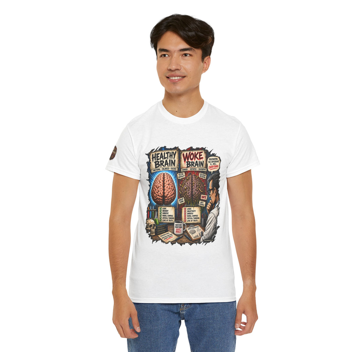 Woke Brain – Political Satire Graphic T-Shirt | Front Print + Sleeve Logo