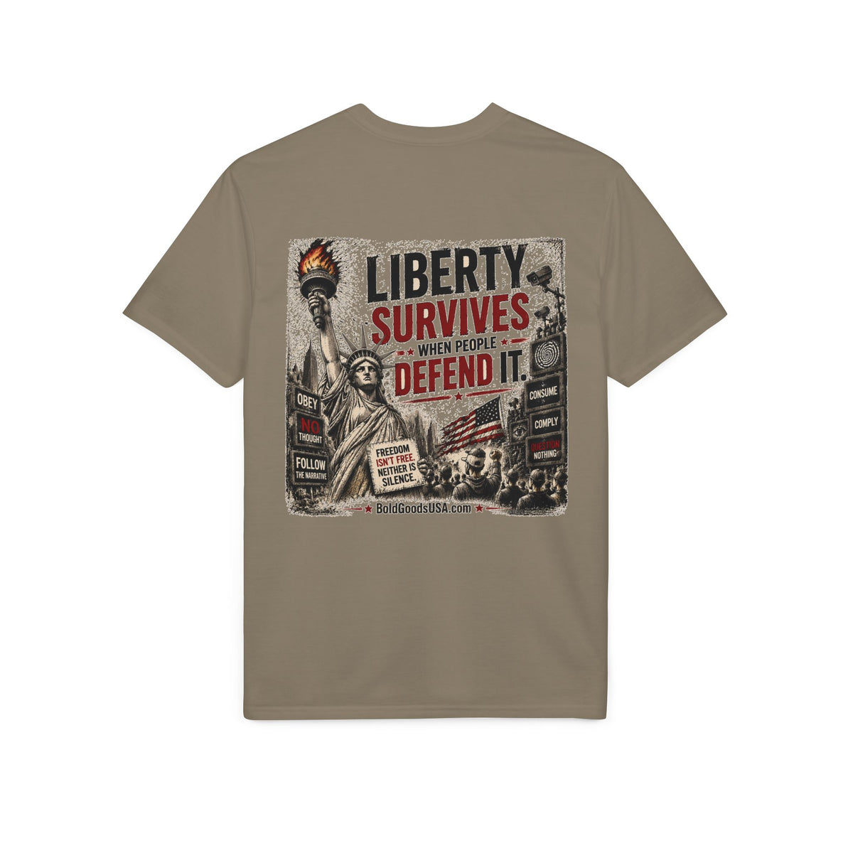 Liberty Survives When Defended – Patriotic Freedom Graphic T-Shirt | Back Print + Sleeve Logo