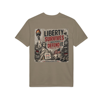 Liberty Survives When Defended – Patriotic Freedom Graphic T-Shirt | Back Print + Chest Logo