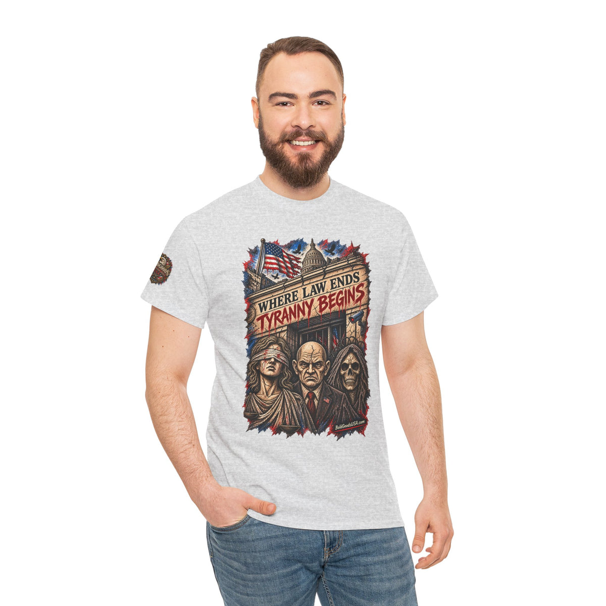 Where Law Ends, Tyranny Begins – Political Satire Graphic T-Shirt | Front Print + Sleeve Logo