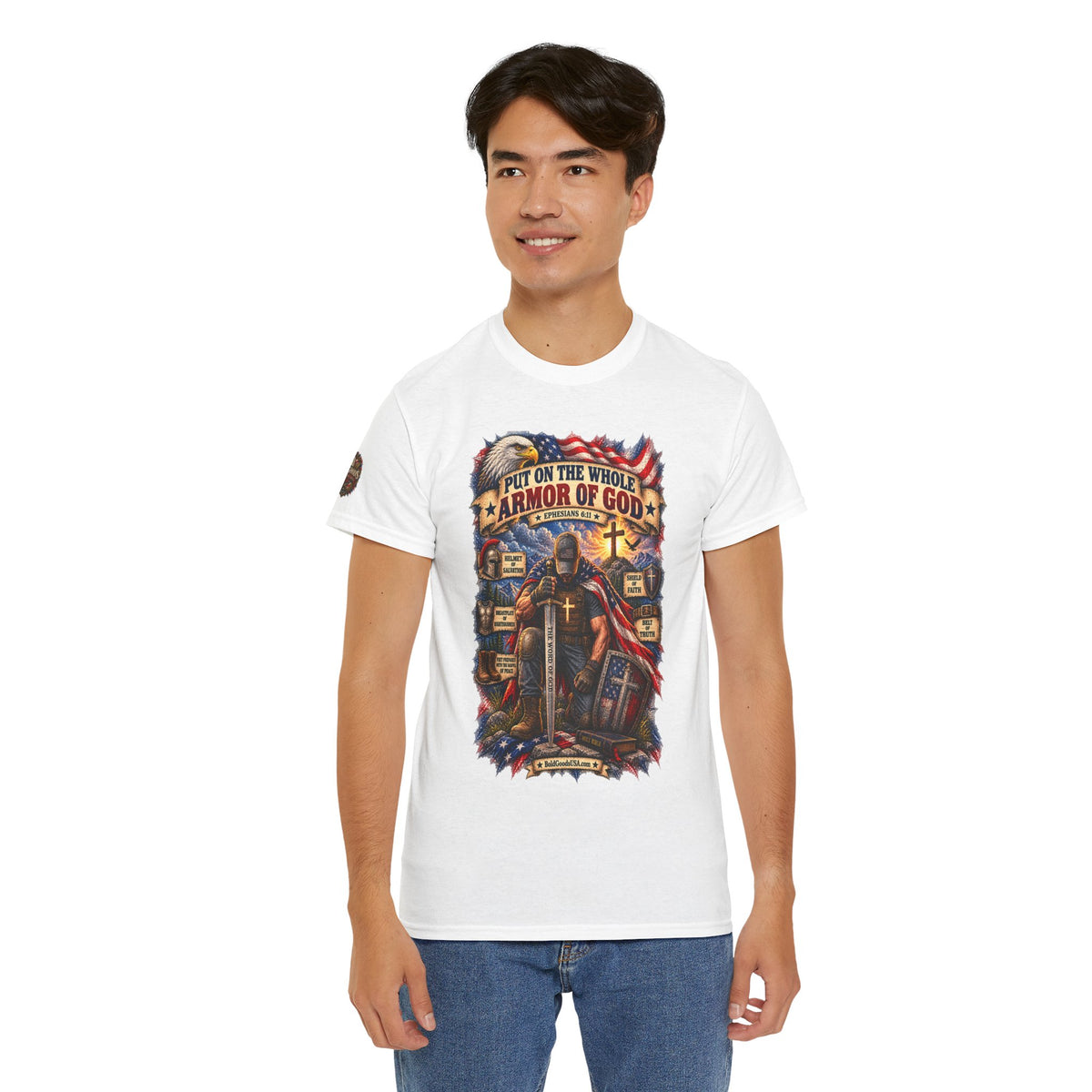 Armor of God – Christian Patriotic Graphic T-Shirt | Front Print + Sleeve Logo
