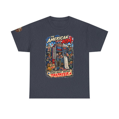 The American ATM - Political Satire Graphic T-Shirt | Front Print + Sleeve Logo