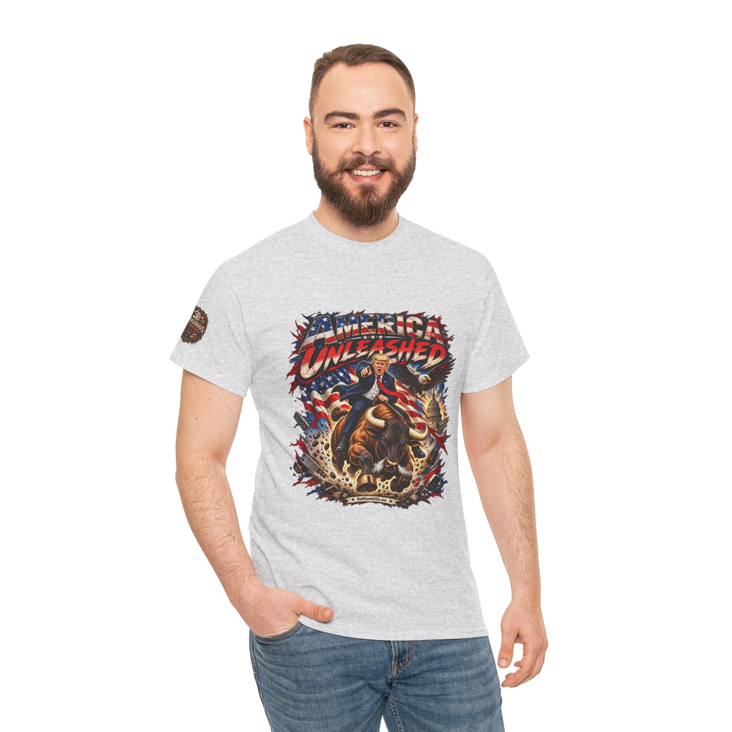 America Unleashed – Patriotic Graphic T-Shirt | Front Print + Sleeve Logo