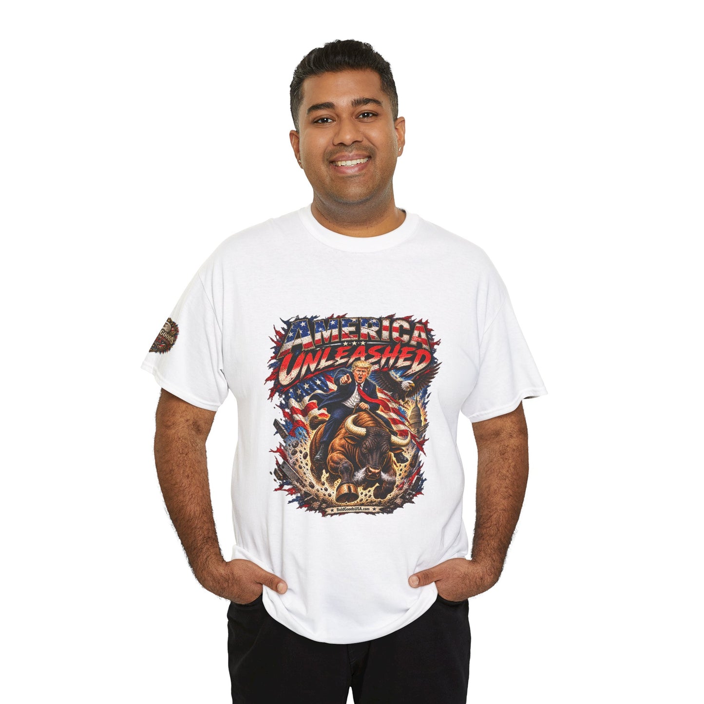 America Unleashed – Patriotic Graphic T-Shirt | Front Print + Sleeve Logo