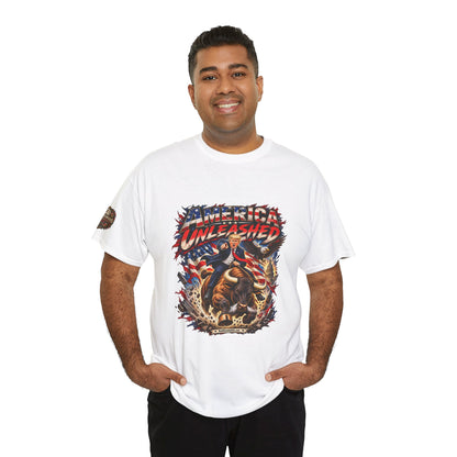 America Unleashed – Patriotic Graphic T-Shirt | Front Print + Sleeve Logo