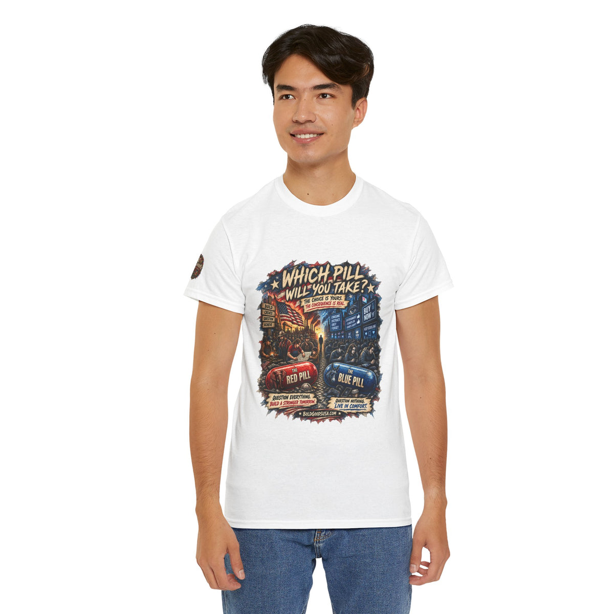 Red or Blue Pill –  Graphic T-Shirt | Front Print + Sleeve Logo