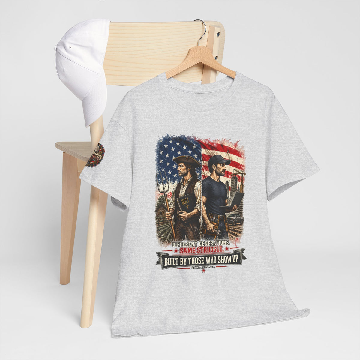 Built By Those Who Show Up – Patriotic Graphic T-Shirt | Front Print + Sleeve Logo