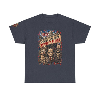 Where Law Ends, Tyranny Begins – Graphic T-Shirt | Front Print + Sleeve Logo