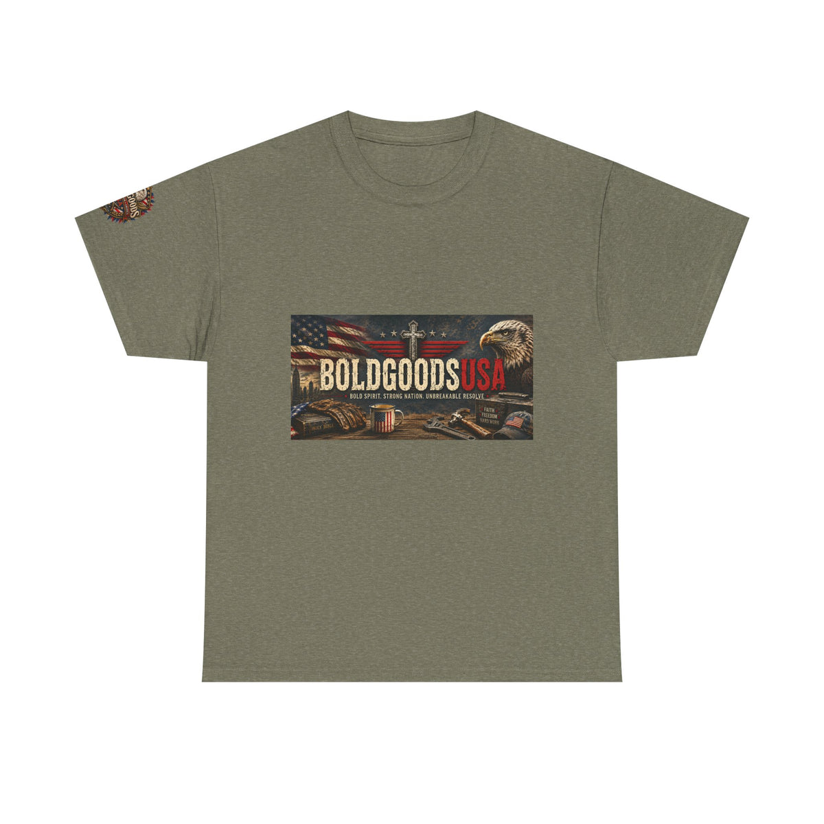 BoldGoods Faith, Freedom & America – Christian Patriotic Graphic T-Shirt | Front Print + Sleeve Logo