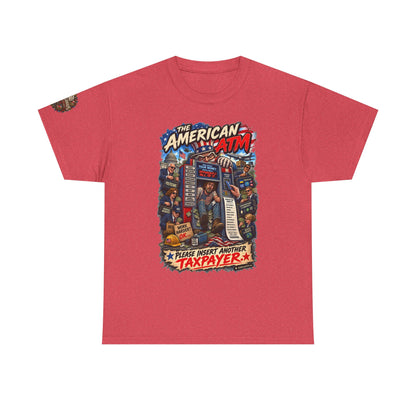 The American ATM - Political Satire Graphic T-Shirt | Front Print + Sleeve Logo