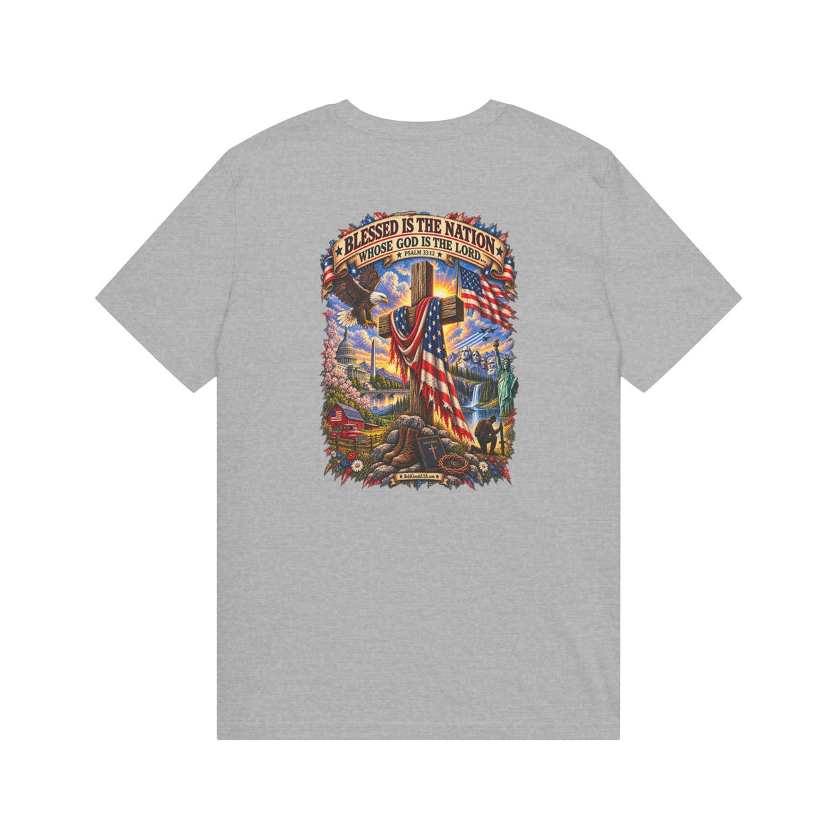 Blessed Is The Nation – Christian Patriotic Graphic T-Shirt | Back Print + Chest Logo