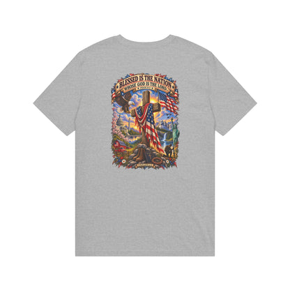 Blessed Is The Nation – Christian Patriotic Graphic T-Shirt | Back Print + Chest Logo