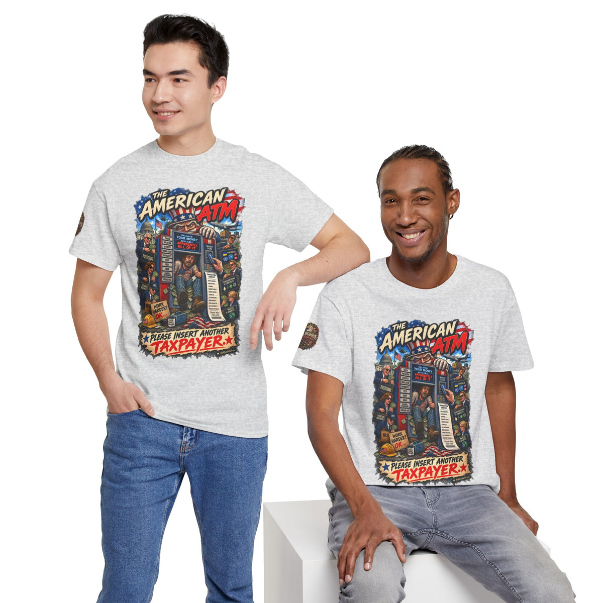 The American ATM - Political Satire Graphic T-Shirt | Front Print + Sleeve Logo