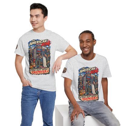The American ATM - Political Satire Graphic T-Shirt | Front Print + Sleeve Logo
