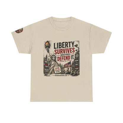 Liberty Survives – Front Print + Sleeve Logo T-Shirt