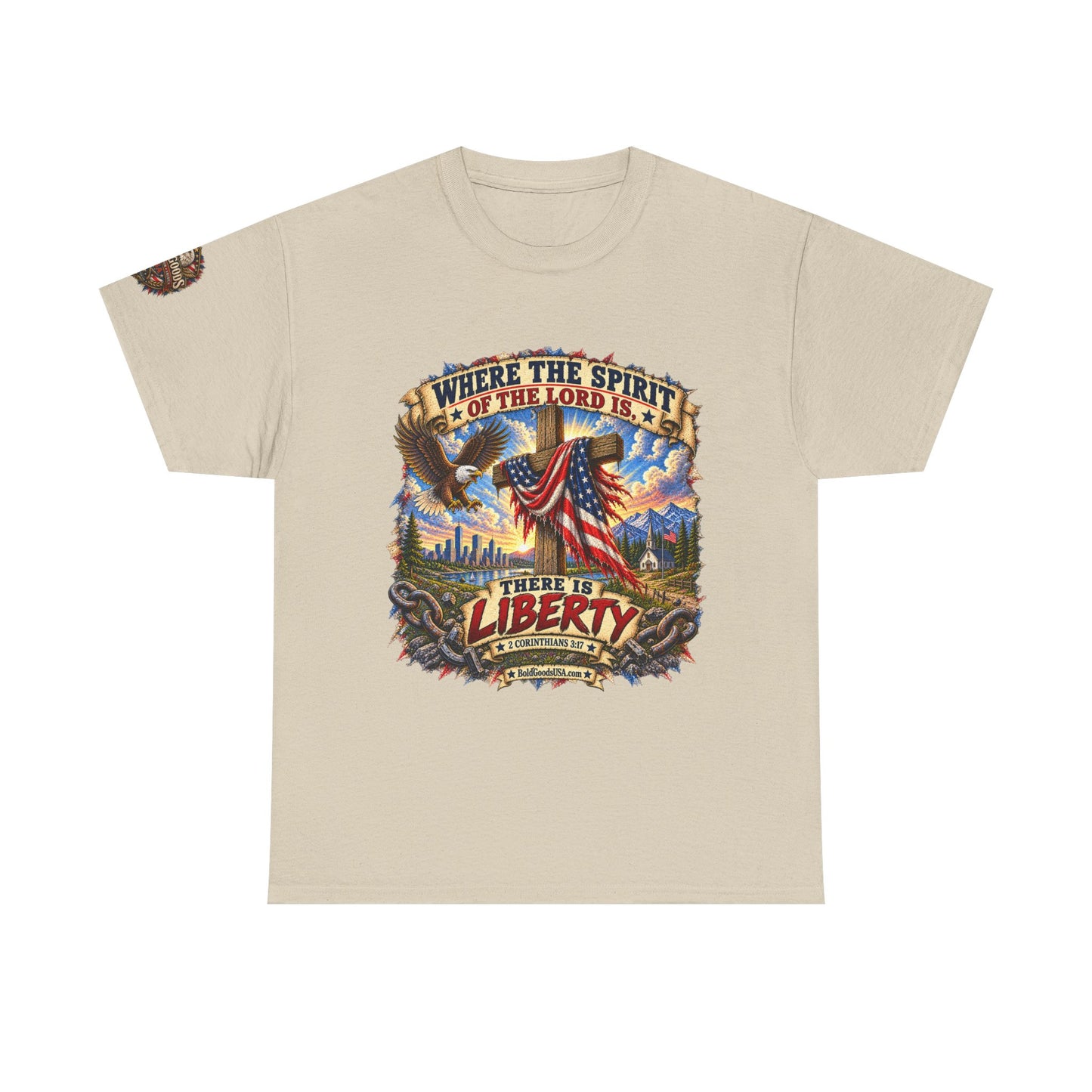 Where the Spirit of the Lord Is… There Is Liberty – Christian Patriotic Graphic T-Shirt | Front Print + Sleeve Logo