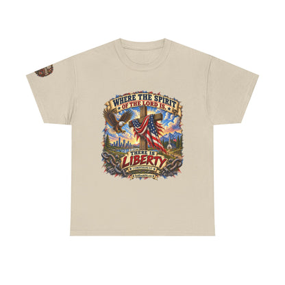 Where the Spirit of the Lord Is… There Is Liberty – Christian Patriotic Graphic T-Shirt | Front Print + Sleeve Logo