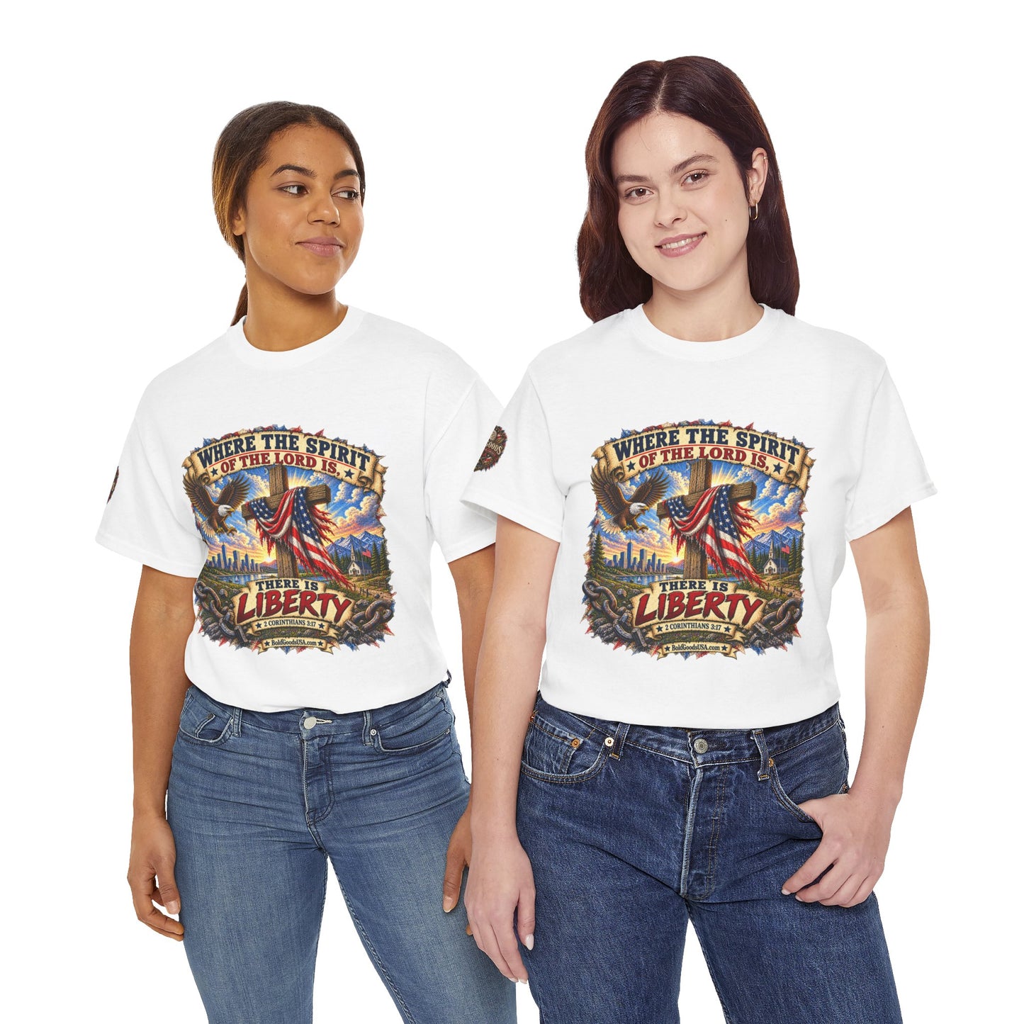 Where the Spirit of the Lord Is… There Is Liberty – Christian Patriotic Graphic T-Shirt | Front Print + Sleeve Logo