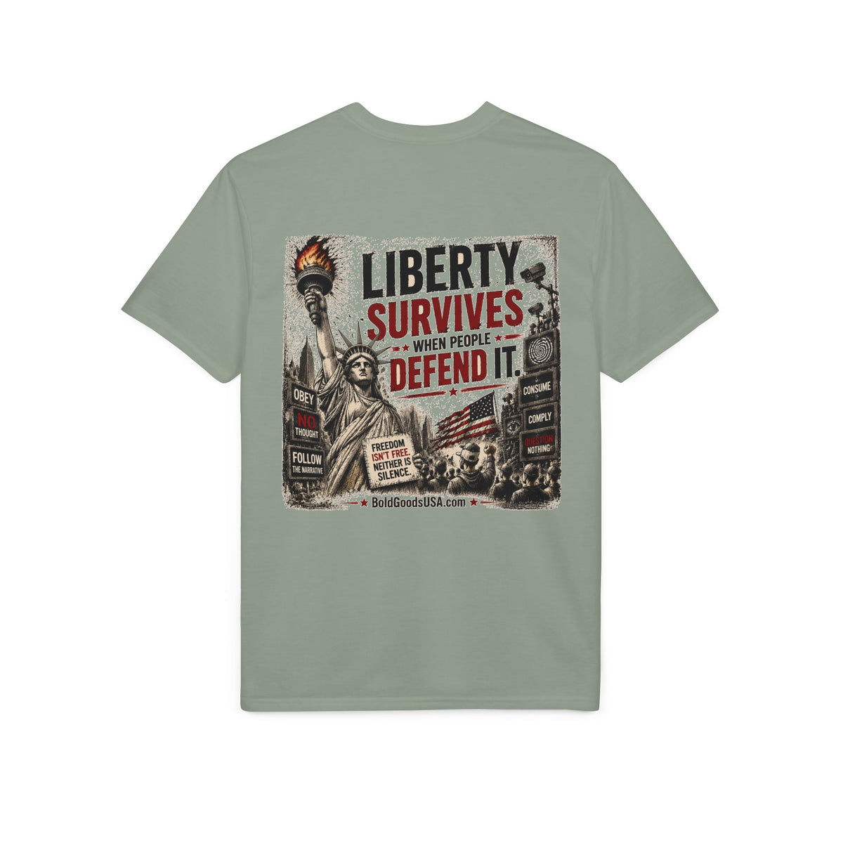 Liberty Survives When Defended – Patriotic Freedom Graphic T-Shirt | Back Print + Sleeve Logo