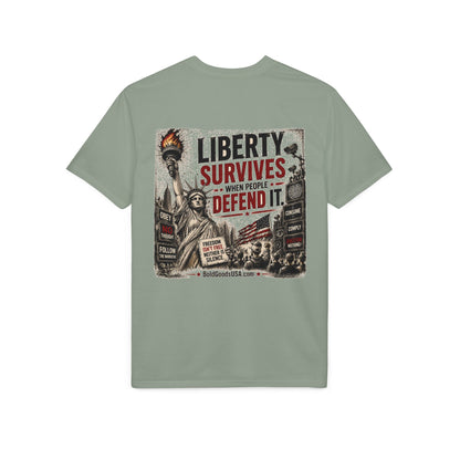 Liberty Survives When Defended – Patriotic Freedom Graphic T-Shirt | Back Print + Chest Logo