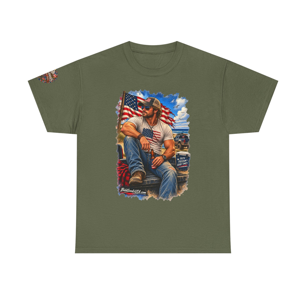 American Patriot Graphic T-Shirt | Front Print + Sleeve Logo