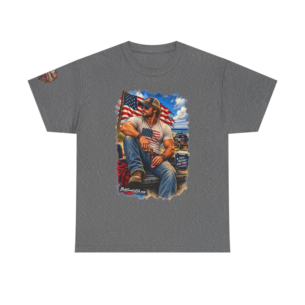 American Patriot Graphic T-Shirt | Front Print + Sleeve Logo