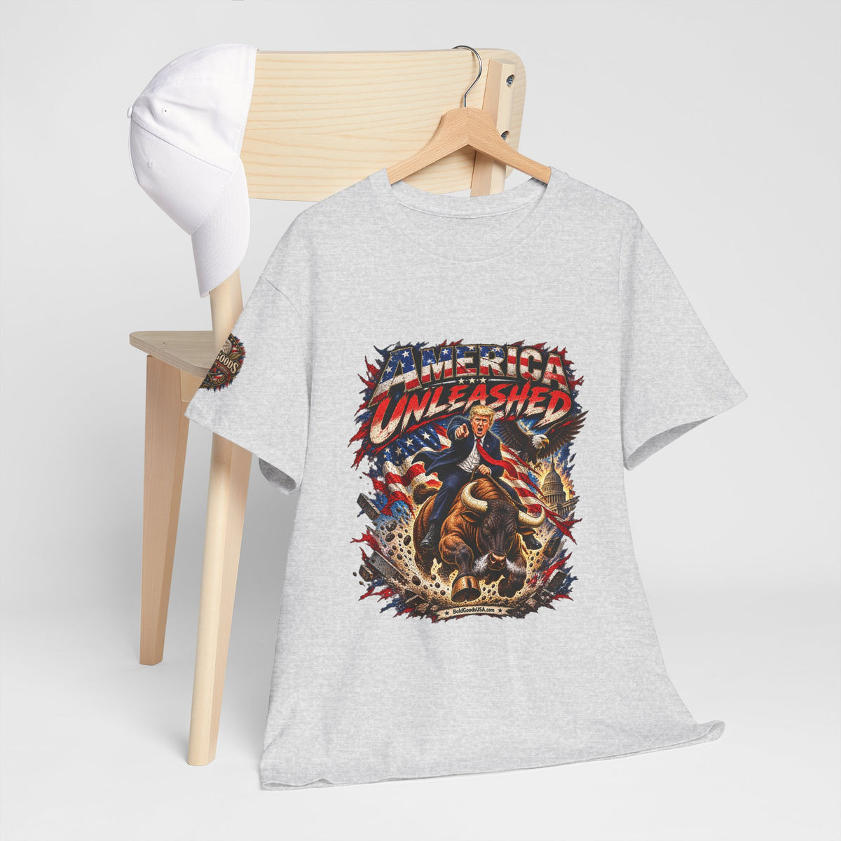 America Unleashed – Patriotic Graphic T-Shirt | Front Print + Sleeve Logo