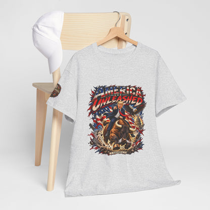 America Unleashed – Patriotic Graphic T-Shirt | Front Print + Sleeve Logo