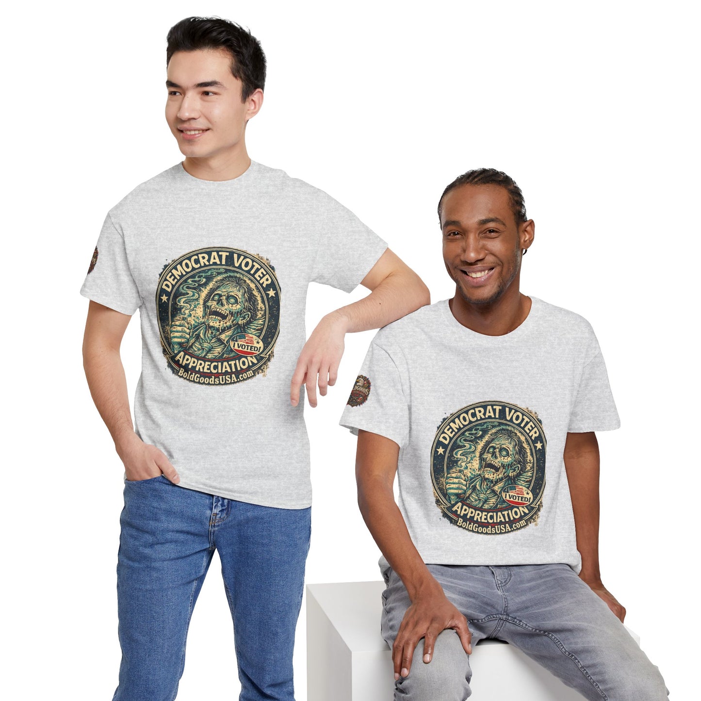 Democrat Voter Appreciation – Political Satire Graphic T-Shirt | Front Print + Sleeve Logo